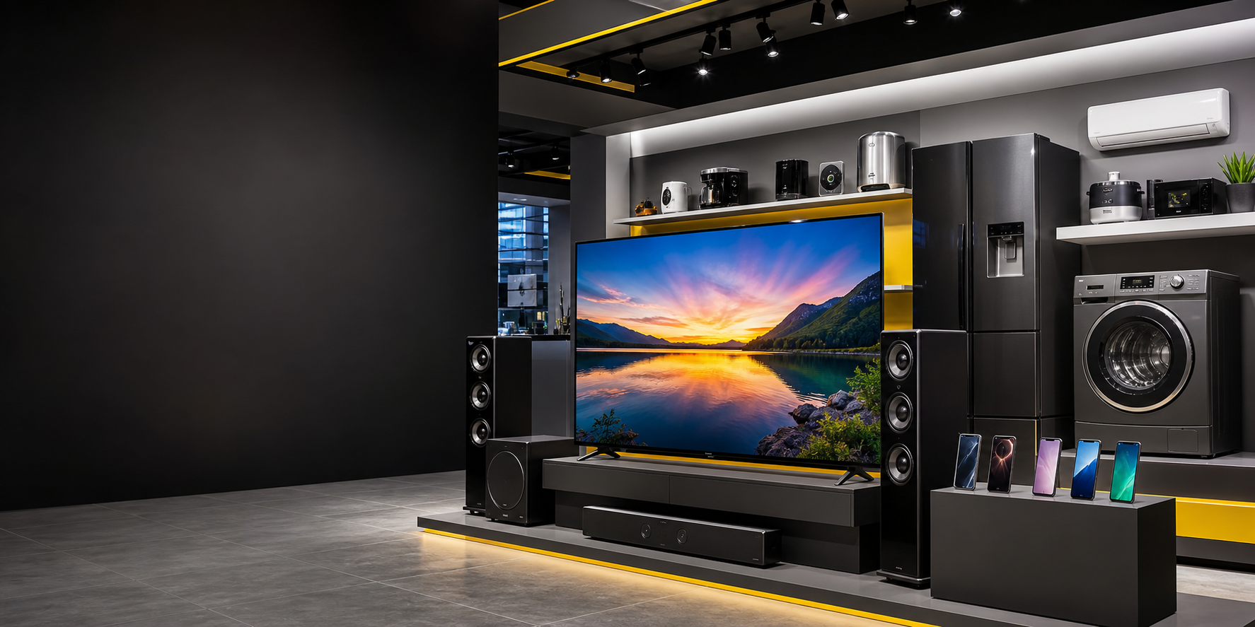 Showroom elektronik modern dengan TV, speaker, dan peralatan rumah tangga